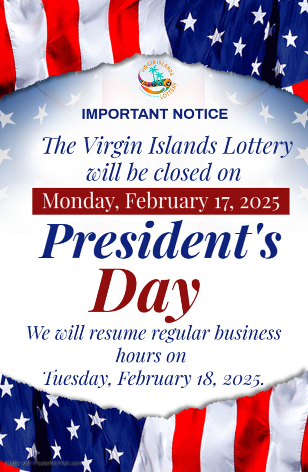 VI Lottery Offices Closed on Monday February 17, 2025 for Presidents Day