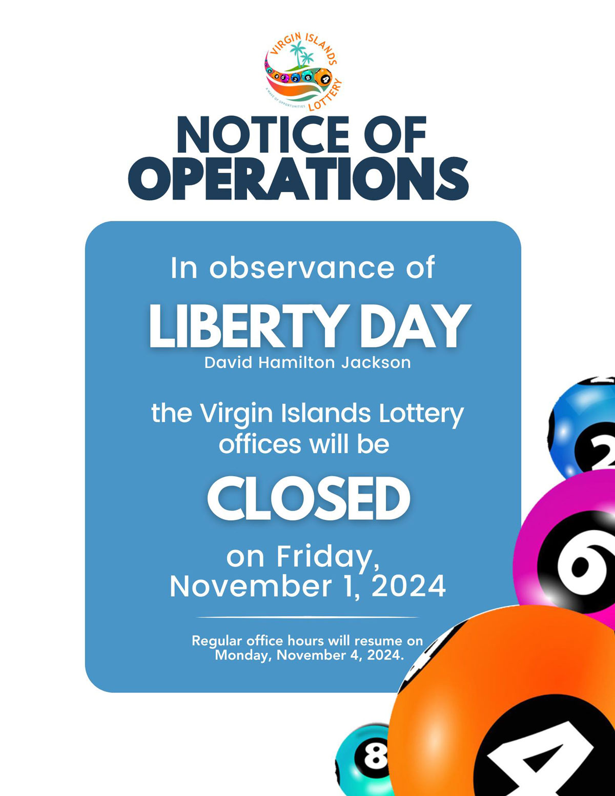 VI Lottery Offices Closed on Friday, November 1, 2024 in Observance of Liberty Day